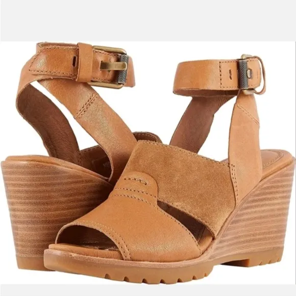 SOREL After Hours Camel Brown Leather Wedge Strappy Sandals Size 10