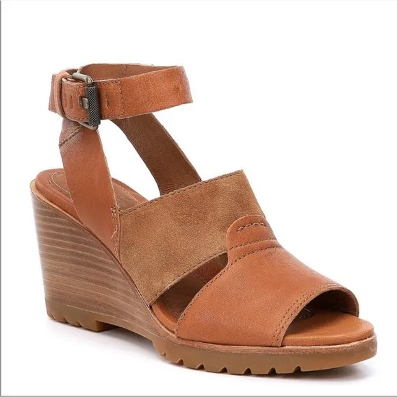 SOREL After Hours Camel Brown Leather Wedge Strappy Sandals Size 10