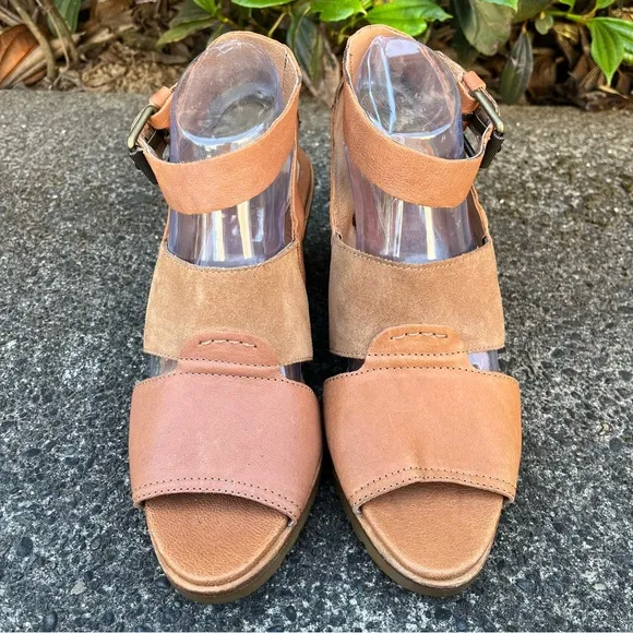 SOREL After Hours Camel Brown Leather Wedge Strappy Sandals Size 10