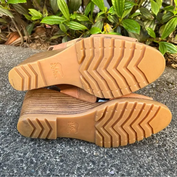 SOREL After Hours Camel Brown Leather Wedge Strappy Sandals Size 10