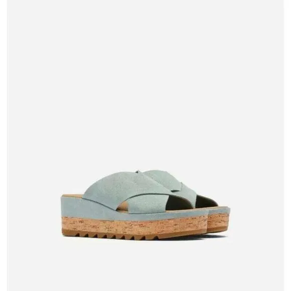 Sorel Blue Cameron Flatform Mule Wedge Sandals Size 8.5