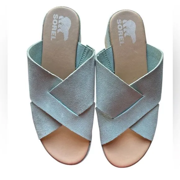 Sorel Blue Cameron Flatform Mule Wedge Sandals Size 8.5
