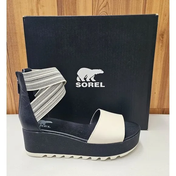 Sorel Cameron Flatform Black Cream Women's Ankle Strap Sandals Size 9