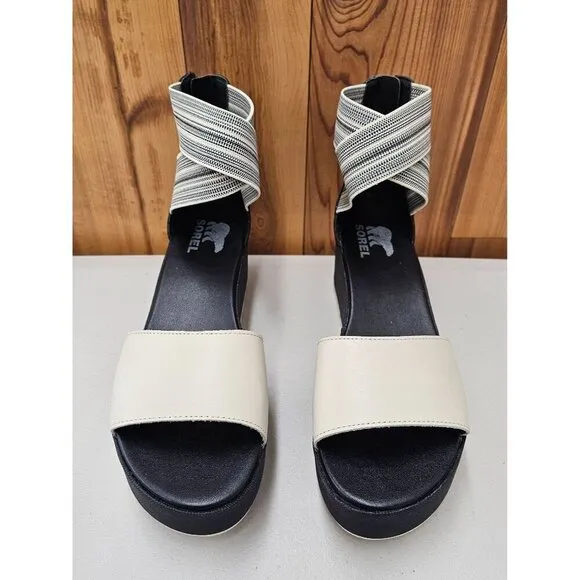 Sorel Cameron Flatform Black Cream Women's Ankle Strap Sandals Size 9