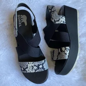 Sorel Cameron Flatform Sandals Slingback Wedge Snakeskin Print Women’s Size 9.5