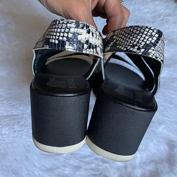 Sorel Cameron Flatform Sandals Slingback Wedge Snakeskin Print Women’s Size 9.5