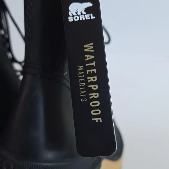 Sorel Hi-Line Heel Lace Boots Black Leather Womens 7 Block Heel Platform Combat