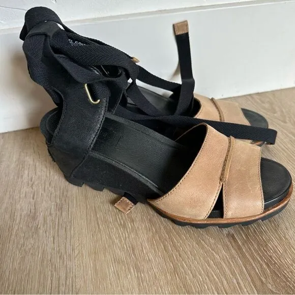 Sorel Joanie Wrap wedge leather Sandals Ankle Tie Black Tan size 7