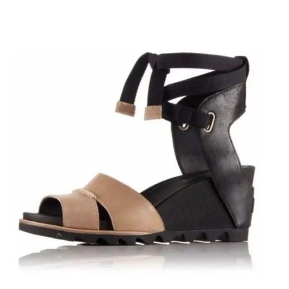 Sorel Joanie Wrap wedge leather Sandals Ankle Tie Black Tan size 7
