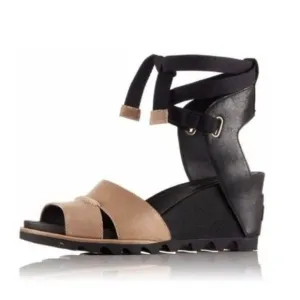 Sorel Joanie Wrap wedge leather Sandals Ankle Tie Black Tan size 7