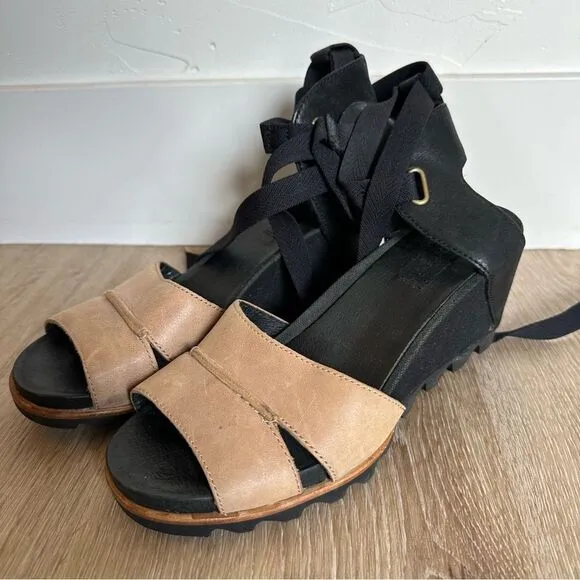 Sorel Joanie Wrap wedge leather Sandals Ankle Tie Black Tan size 7