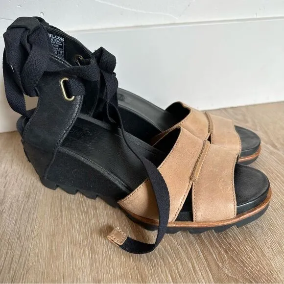 Sorel Joanie Wrap wedge leather Sandals Ankle Tie Black Tan size 7