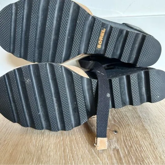 Sorel Joanie Wrap wedge leather Sandals Ankle Tie Black Tan size 7