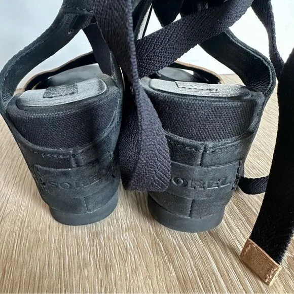 Sorel Joanie Wrap wedge leather Sandals Ankle Tie Black Tan size 7