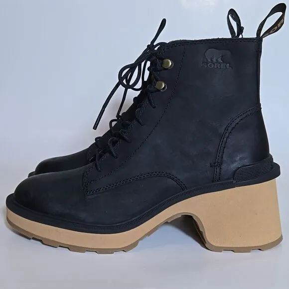 Sorel Hi-Line Heel Lace Boots Black Leather Womens 7 Block Heel Platform Combat