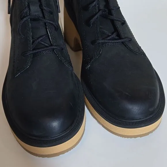 Sorel Hi-Line Heel Lace Boots Black Leather Womens 7 Block Heel Platform Combat