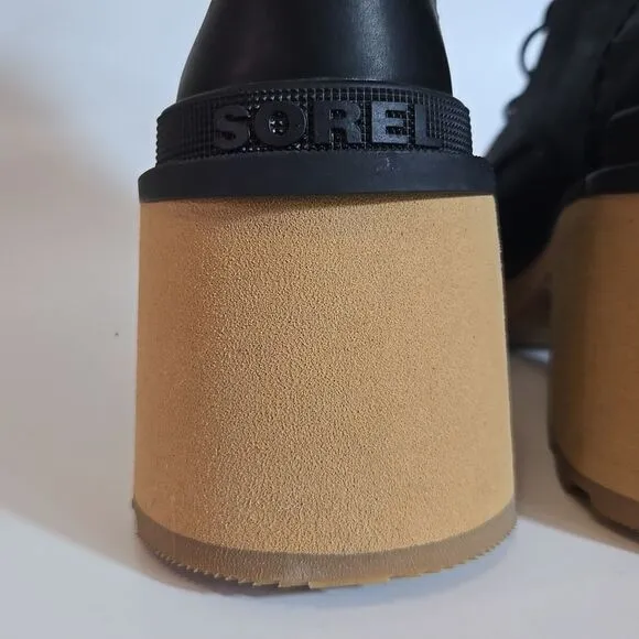 Sorel Hi-Line Heel Lace Boots Black Leather Womens 7 Block Heel Platform Combat