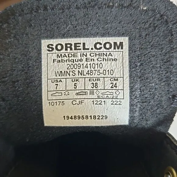 Sorel Hi-Line Heel Lace Boots Black Leather Womens 7 Block Heel Platform Combat