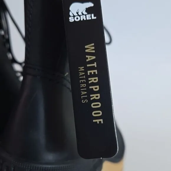 Sorel Hi-Line Heel Lace Boots Black Leather Womens 7 Block Heel Platform Combat