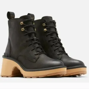 Sorel Hi-Line Heel Lace Boots Black Leather Womens 7 Block Heel Platform Combat