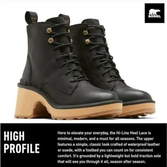 Sorel Hi-Line Heel Lace Boots Black Leather Womens 7 Block Heel Platform Combat