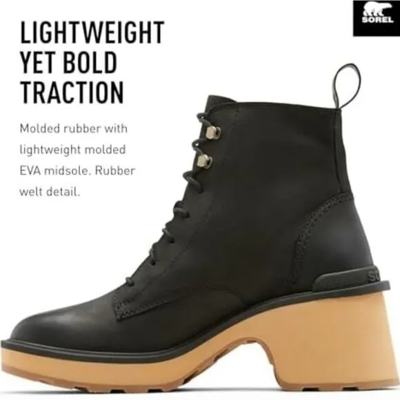Sorel Hi-Line Heel Lace Boots Black Leather Womens 7 Block Heel Platform Combat