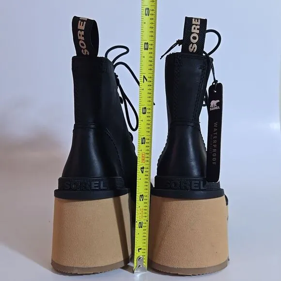 Sorel Hi-Line Heel Lace Boots Black Leather Womens 7 Block Heel Platform Combat