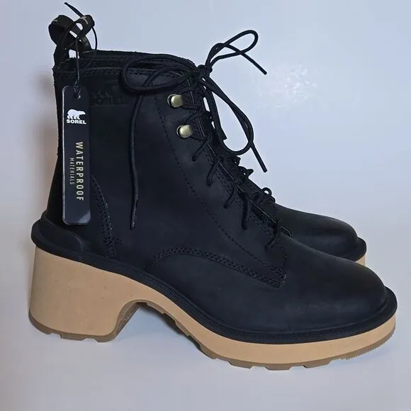 Sorel Hi-Line Heel Lace Boots Black Leather Womens 7 Block Heel Platform Combat