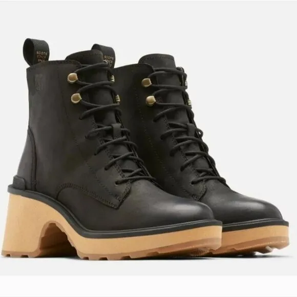 Sorel Hi-Line Heel Lace Boots Black Leather Womens 7 Block Heel Platform Combat