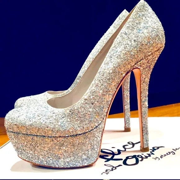 Sparkling silver Alice   Olivia stilettos, high platform, and statement heel.
