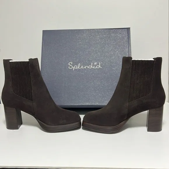 Splendid Women Chocolate Leather Suede Ankle Boots Block Heel Platform Size 9