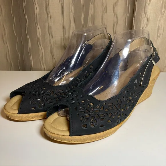 Spring Step Orella Women's 41 US 9.5-10 Wedge Leather Cutout Slingback Open Toe