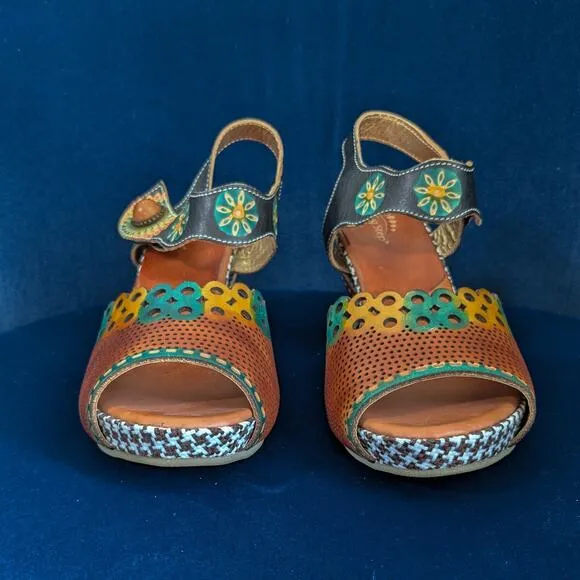 Spring Step Platform Heels Shoes 38 Multi Peep Sandal Artsy Boho Hippie Floral