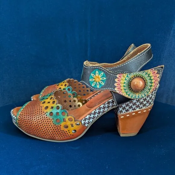 Spring Step Platform Heels Shoes 38 Multi Peep Sandal Artsy Boho Hippie Floral