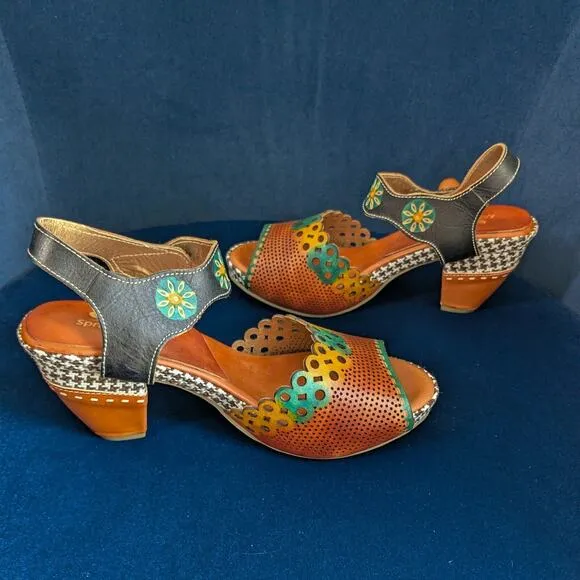 Spring Step Platform Heels Shoes 38 Multi Peep Sandal Artsy Boho Hippie Floral