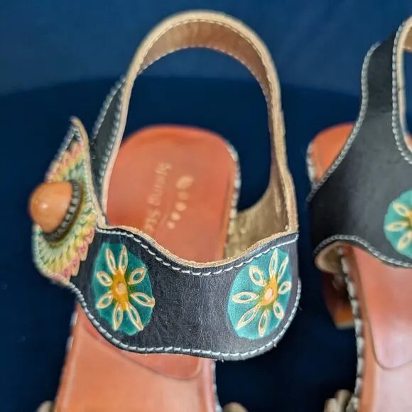 Spring Step Platform Heels Shoes 38 Multi Peep Sandal Artsy Boho Hippie Floral