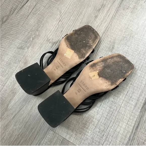 STAUD Adeline Heel Block Square Toe Sandals Size 40 Black Leather