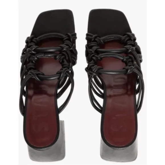 STAUD Adeline Heel Block Square Toe Sandals Size 40 Black Leather