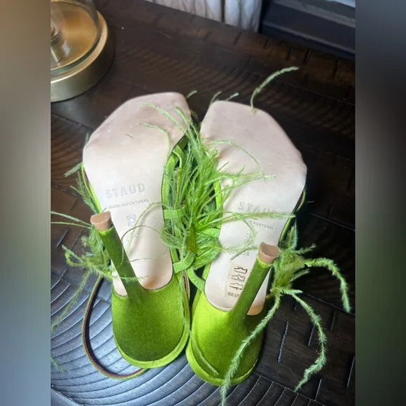 STAUD Anise Feather-Trim 100 slingback heel sandals in satin size 38
