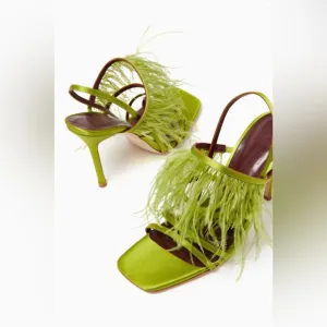 STAUD Anise Feather-Trim 100 slingback heel sandals in satin size 38