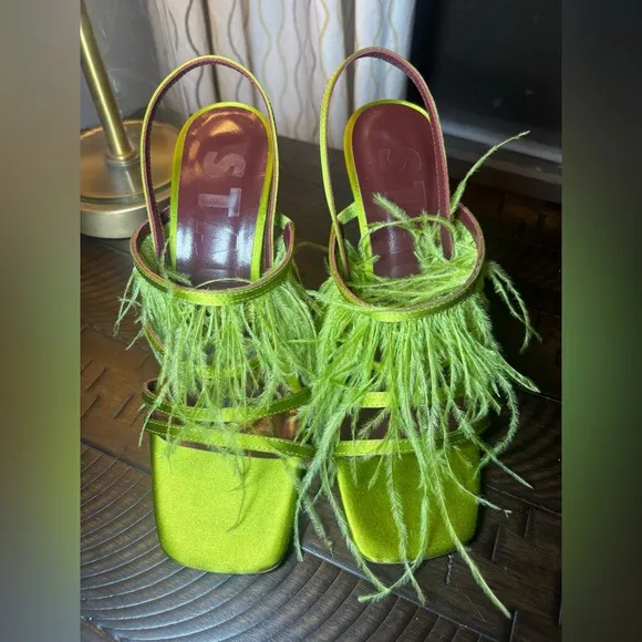 STAUD Anise Feather-Trim 100 slingback heel sandals in satin size 38