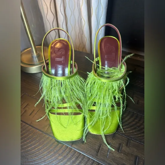 STAUD Anise Feather-Trim 100 slingback heel sandals in satin size 38