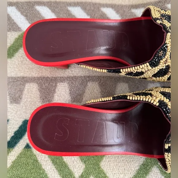 STAUD Nevil Asymmetrical Beaded Heel Sandals in Leopard Size 38 US 8 Retail $350