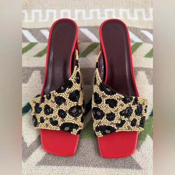 STAUD Nevil Asymmetrical Beaded Heel Sandals in Leopard Size 38 US 8 Retail $350