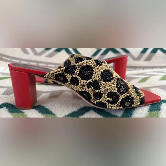 STAUD Nevil Asymmetrical Beaded Heel Sandals in Leopard Size 38 US 8 Retail $350