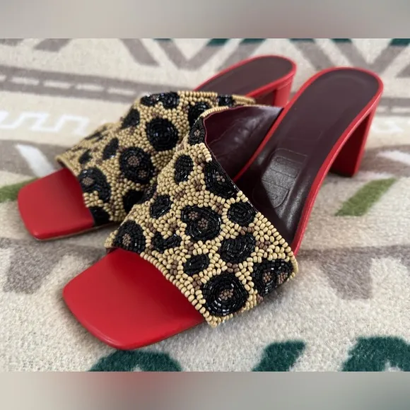 STAUD Nevil Asymmetrical Beaded Heel Sandals in Leopard Size 38 US 8 Retail $350