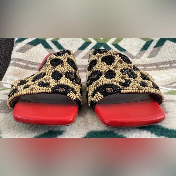 STAUD Nevil Asymmetrical Beaded Heel Sandals in Leopard Size 38 US 8 Retail $350