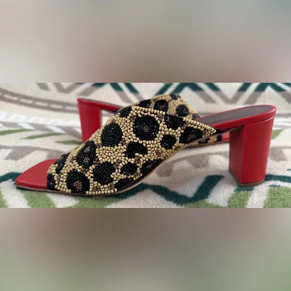 STAUD Nevil Asymmetrical Beaded Heel Sandals in Leopard Size 38 US 8 Retail $350