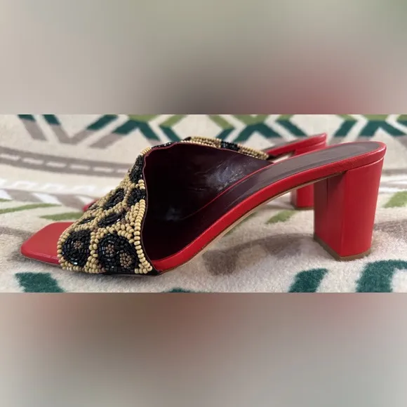 STAUD Nevil Asymmetrical Beaded Heel Sandals in Leopard Size 38 US 8 Retail $350
