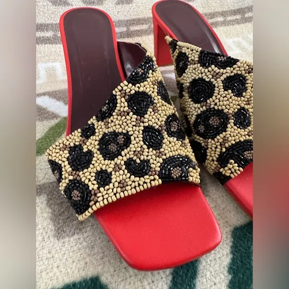 STAUD Nevil Asymmetrical Beaded Heel Sandals in Leopard Size 38 US 8 Retail $350